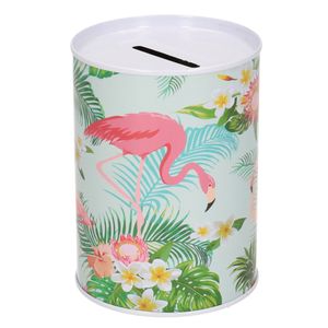 Metalen witte spaarpot flamingos 7.5 x 10 cm   -