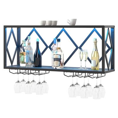 Wand Wijnrek met LED Verlichting & 6 Rijen Wijnglas Houders 2 Niveaus Houten Flessenrek