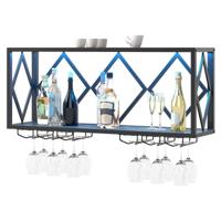 Wand Wijnrek met LED Verlichting & 6 Rijen Wijnglas Houders 2 Niveaus Houten Flessenrek