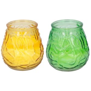 Arti Casa 4x stuks citronella Lowboy tafelkaarsen - 10 cm - geel en groen glas