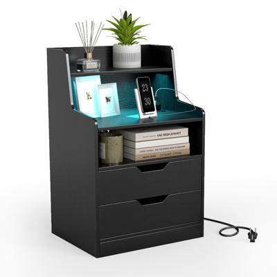 Nachtkastje met Ledverlichting en Oplaadstation Bijzettafel met 2 Lades en Open Vak Zwart