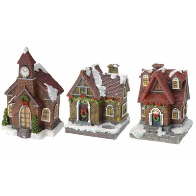 Kerstdorp huisjes set van 3x huisjes met Led verlichting 13 cm