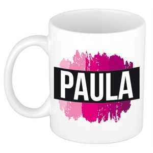 Naam cadeau mok / beker Paula  met roze verfstrepen 300 ml   -
