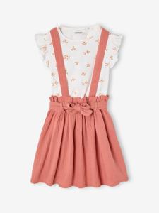 Set meisjesshirt met strepen + rok van katoengaas oudroze
