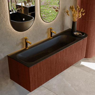 Badmeubel Mondiaz Kurve | 145 cm cm | Meubelkleur Ruby | Wastafelkleur Urban | Solid surface | Wasbak links zijde spoelbak | 2 kraangaten
