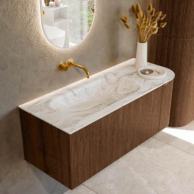 Badmeubel Mondiaz Kurve-Dlux | 115 cm | Meubelkleur Walnut | Wastafelkleur Glace | Solid surface | Links spoelbak | Zonder kraangat(en)