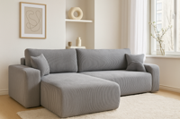 OP=OP Hoekbank Pim XL - Ribstof Grijs - Universeel - Slaapbank met opbergruimte