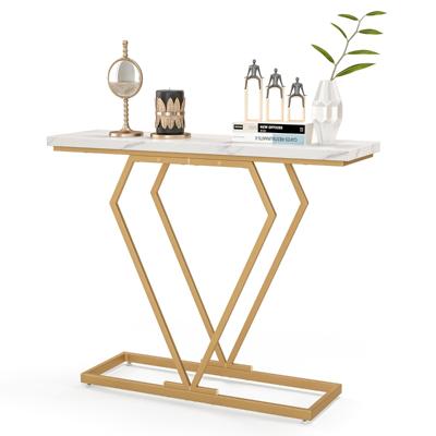 Consoletafel in Goud Slanke Imitatiemarmeren Ingangstafel met Geometrisch Diamantvormig Frame Moderne Bijzettafel met Kantelbeveiliging