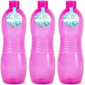 Drinkfles/waterfles/bidon - 3x - 1000 ml - transparant/roze - kunststof