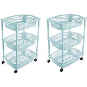 2x stuks keuken opberg trolleys/roltafels met 3 manden 62 cm lichtblauw