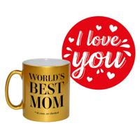 Liefste mama cadeau koffiemok - goud - met I love you onderzetters - moederdag - verjaardag