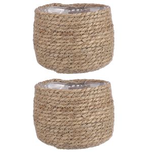 2x stuks naturel beige rotan planten pot mand van gedraaid jute/riet H15 en D18 cm