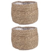 2x stuks naturel beige rotan planten pot mand van gedraaid jute/riet H15 en D18 cm