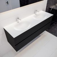 Mondiaz Vica Moon badmeubel zwart mat 150 cm 2 lades solid surface dubbele spoelbak 2 kraangaten