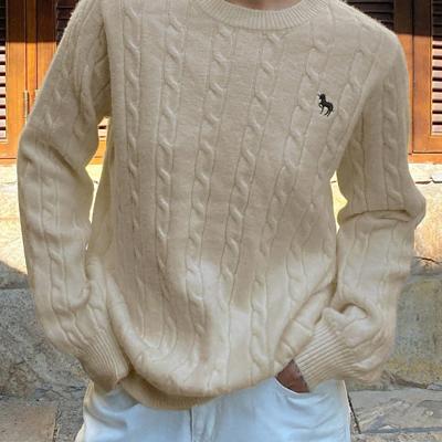 Bon&Bon Women's Navy Blue Polo Collar Cable-Knit Embroidered Sweater Grey-7 / XL