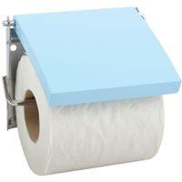 Toiletrolhouder wand/muur - metaal en MDF hout klepje - lichtblauw - thumbnail