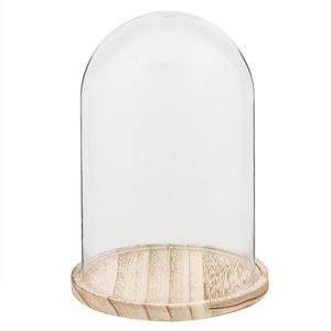 HAES DECO - Decoratieve glazen stolp met lichtbruin houten voet, diameter 15 cm en hoogte 23 cm - ST021691