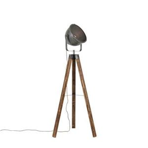 QAZQA Industriële vloerlamp tripod staal met hout kantelbaar - Emado