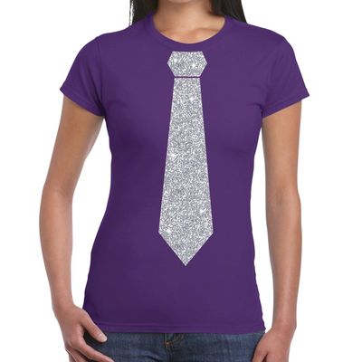 Paars fun t-shirt met stropdas in glitter zilver dames