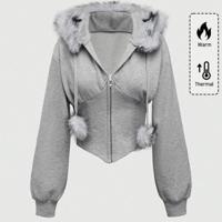 Bon&Bon Women's Grey Leopard Print Faux Fur Collar Zip Up Hoodie Grey / XL