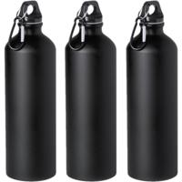 Waterfles/drinkfles Thor - 3x - zwart - aluminium - schroefdop - karabijnhaak - 800 ml - Sportfles/B