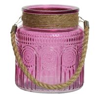 Windlicht/lantaarn met relief - glas - D14 x H16 cm - fuchsia roze - thumbnail