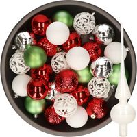 37x stuks kunststof kerstballen 6 cm incl. glazen piek wit-rood-zilver-groen - Kerstbal - thumbnail