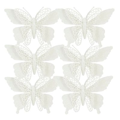 Kerstboomversiering vlinders op clip - 6x st - wit - 16 cm - kunststof