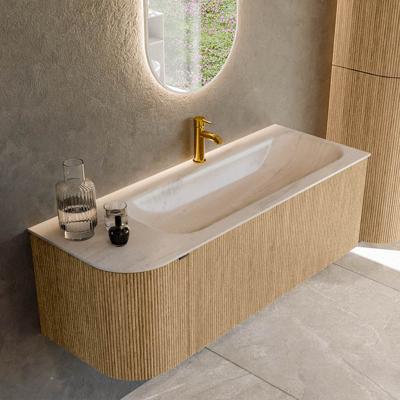 Badmeubel Mondiaz Kurve-Dlux | 125 cm | Meubelkleur Oak | Wastafelkleur Meli | Solid surface | Wasbak rechter zijde spoelbak | 1 kraangat