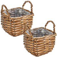 Set van 4x stuks bloempotten/plantenbakken riet/rotan mand met handvaten vierkant 15 x 15 x 14 cm