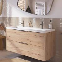 Saqu Lima badmeubel incl. mat witte wastafel met 2 kraangaten 120x52x64cm naturel eiken - rvs greep