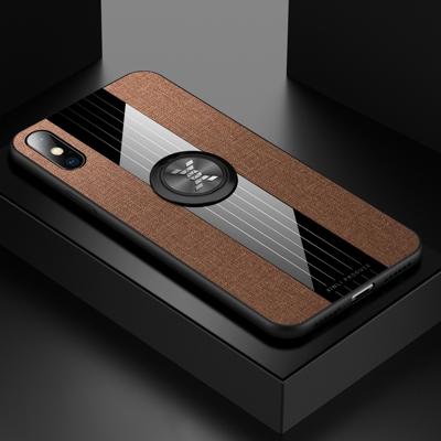 Voor iPhone XR XINLI stiksels doek Textue schokbestendig TPU beschermhoes met ring houder (bruin)