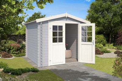 Outdoor Life Ingo Blokhut 250x195 cm 28 mm vuren Platinum Grey-Wit gecoat- Zadeldak- - Outdoor Life Outdoor Life Ingo Blokhut 250x195 cm 28 mm vuren Platinum Grey-Wit gecoat- Zadeldak- - Outdoor Life