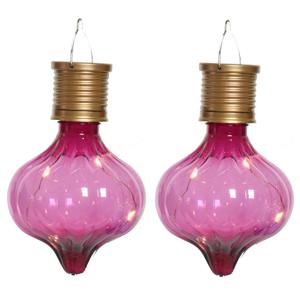 Solar hanglamp bol/peertje - 2x - Marrakech - fuchsia roze - kunststof - D8 x H12 cm