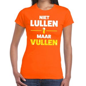 Niet Lullen maar Vullen tekst t-shirt oranje dames