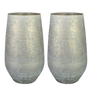 Bloempot/plantenpot 2x - hoog model - metallic zilvergrijs/goud - D23 en H36 cm - keramiek