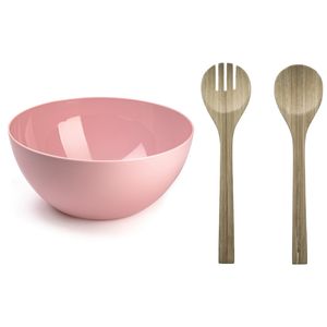 Salade serveer schaal - roze - kunststof - Dia 28 cm - incl. bamboe Sla couvert/bestek