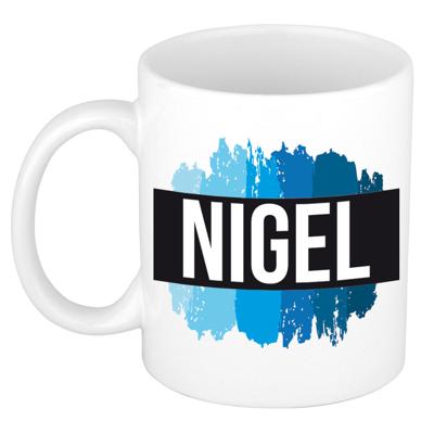 Nigel naam cadeau koffie mok - beker - met blauw verfstrepen - Cadeau collega - vaderdag