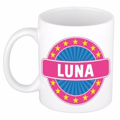 Luna voornaam koffiemok - beker - wit/roze - 300 ml - Cadeau - Dames - Collega - Moederdag Luna voornaam koffiemok - beker - wit/roze - 300 ml - Cadeau - Dames - Collega - Moederdag
