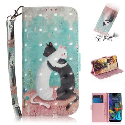3D-schilderij zwart witte kat patroon gekleurde tekening horizontale Flip lederen case voor LG K50 met houder & kaartsleuven & portemonnee