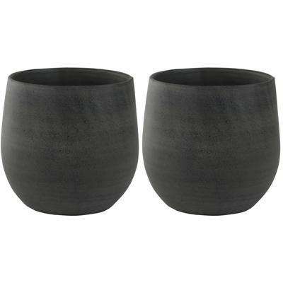 Ter Steege Plantenpot - 2x - keramiek - zwart - grafiet look - 22 x 20 cm