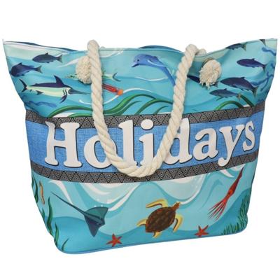 Gerimport strandtas - Holiday en zeediertjes - blauw - touw handvat - 19 x 51 x 34 cm
