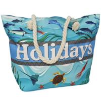 Gerimport strandtas - Holiday en zeediertjes - blauw - touw handvat - 19 x 51 x 34 cm