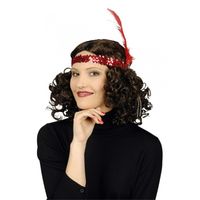 Charleston hoofdband - met pauwen veer en kraaltjes - rood - dames - jaren 20 thema