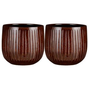 2x stuks plantenpot/bloempot terra bruin glans/ribbels - D25/H20 cm