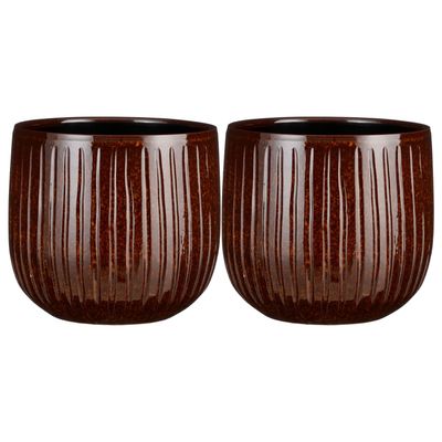 2x stuks plantenpot/bloempot terra bruin glans/ribbels - D25/H20 cm