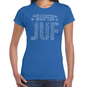 Glitter Super Juf t-shirt blauw rhinestones steentjes voor dames - Glitter cadeau shirt/ outfit