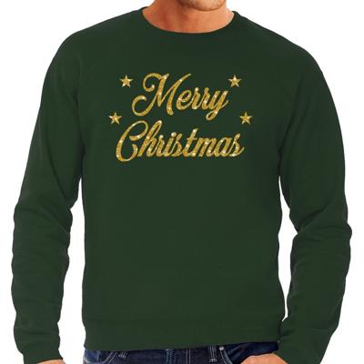 Foute Kersttrui - sweater - Merry Christmas - goud / glitter - groen - heren - kerstkleding
