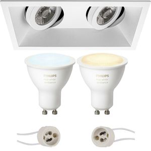 Pragmi Zano Pro - Inbouw Rechthoek Dubbel - Mat Wit - Kantelbaar - 185x93mm - Philips Hue - LED Spot Set GU10 - White Ambiance - Bluetooth