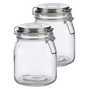 Set van 2x stuks glazen luxe keuken voorraadpotten/voorraadbussen met klepdeksel zilver 1000 ml